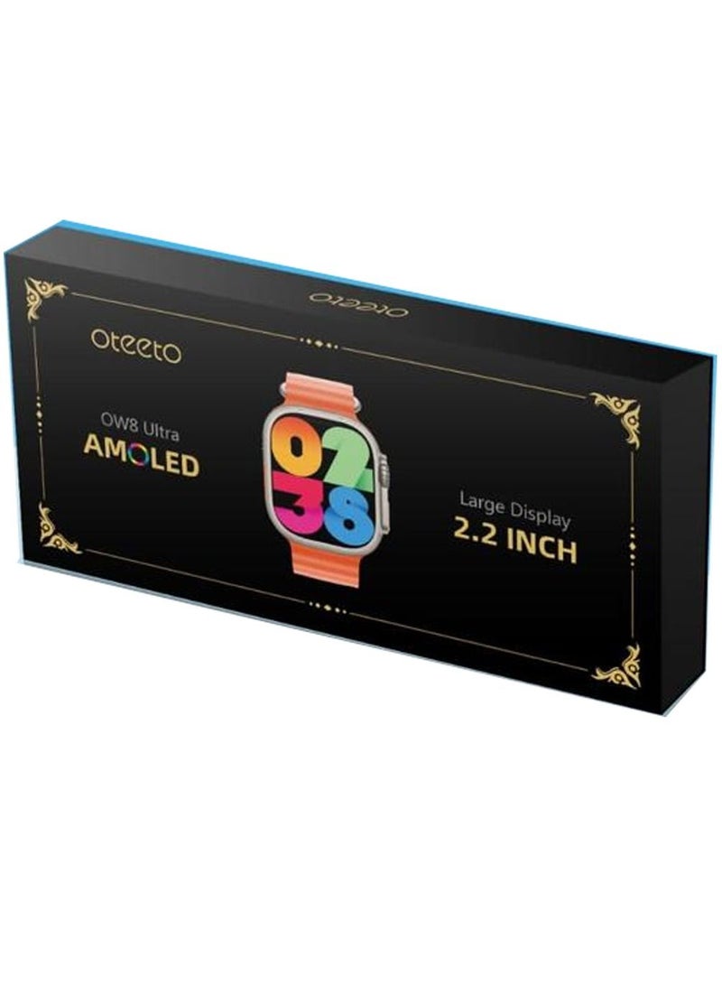 Oteeto OW8 Ultra Smart Watch with 2.2 Inch AMOLED Touch Display, Bluetooth Calling, Health & Fitness Tracking, Wireless Charger, 2 Strap Set for Men and Women, Black - Image 4